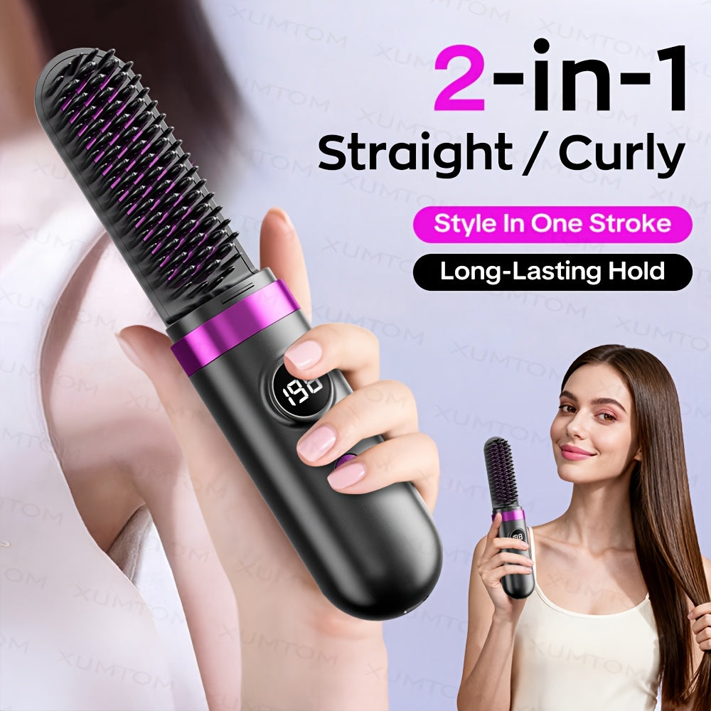 New Portable Hair Straightening Comb, USB rechargeable, 4000mAh battery, includes charging dock. Intelligent digital temperature control, dual use for straightening and curling, long-lasting hold without damaging hair, BLACK