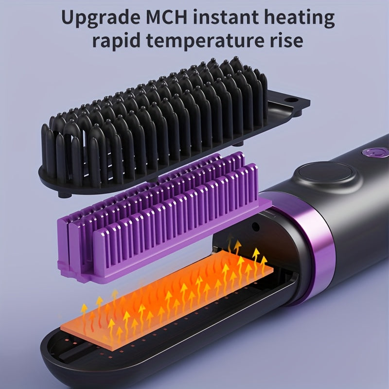New Portable Hair Straightening Comb, USB rechargeable, 4000mAh battery, includes charging dock. Intelligent digital temperature control, dual use for straightening and curling, long-lasting hold without damaging hair, BLACK
