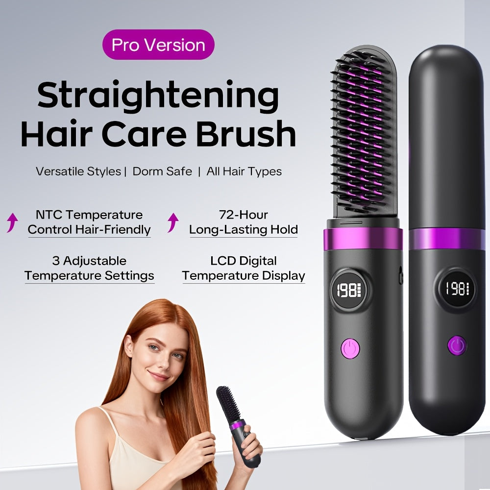 New Portable Hair Straightening Comb, USB rechargeable, 4000mAh battery, includes charging dock. Intelligent digital temperature control, dual use for straightening and curling, long-lasting hold without damaging hair, BLACK