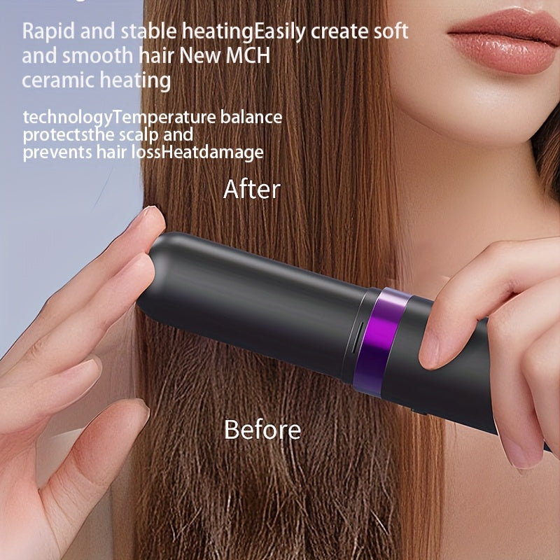 New Portable Hair Straightening Comb, USB rechargeable, 4000mAh battery, includes charging dock. Intelligent digital temperature control, dual use for straightening and curling, long-lasting hold without damaging hair, BLACK