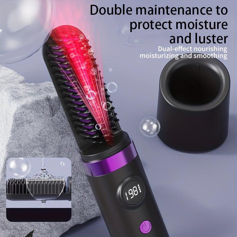 New Portable Hair Straightening Comb, USB rechargeable, 4000mAh battery, includes charging dock. Intelligent digital temperature control, dual use for straightening and curling, long-lasting hold without damaging hair, BLACK
