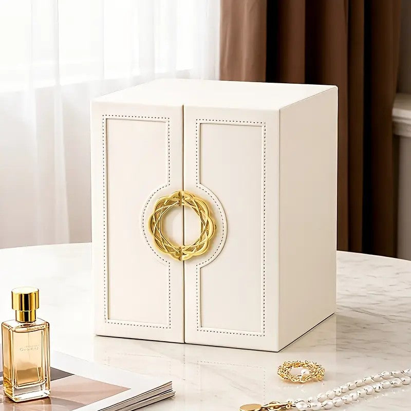 White   1 Large Faux Leather Jewelry Storage Box with 5 Drawers and Gold Handles - An elegant rectangular storage space for rings, necklaces, bracelets, earrings, and watches - Features soft fabric lining, side door design, textured surface finish - Luxur