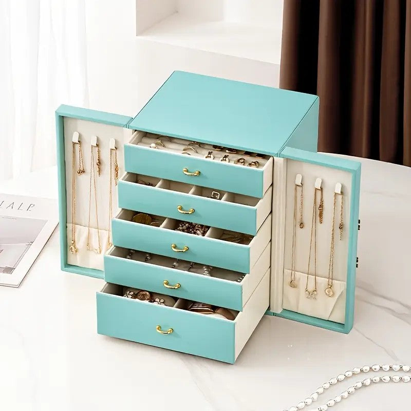 White   1 Large Faux Leather Jewelry Storage Box with 5 Drawers and Gold Handles - An elegant rectangular storage space for rings, necklaces, bracelets, earrings, and watches - Features soft fabric lining, side door design, textured surface finish - Luxur