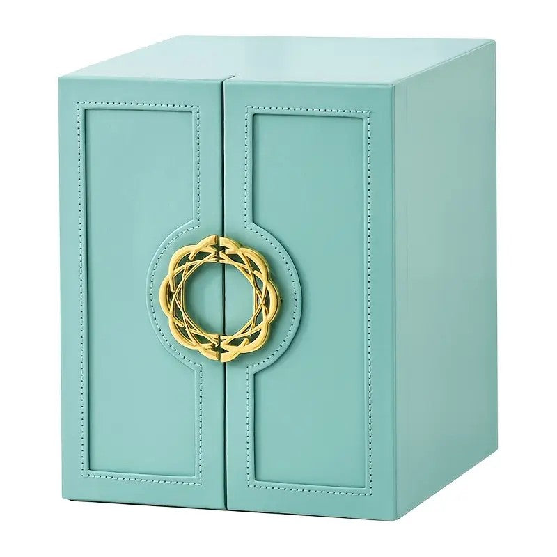 White   1 Large Faux Leather Jewelry Storage Box with 5 Drawers and Gold Handles - An elegant rectangular storage space for rings, necklaces, bracelets, earrings, and watches - Features soft fabric lining, side door design, textured surface finish - Luxur