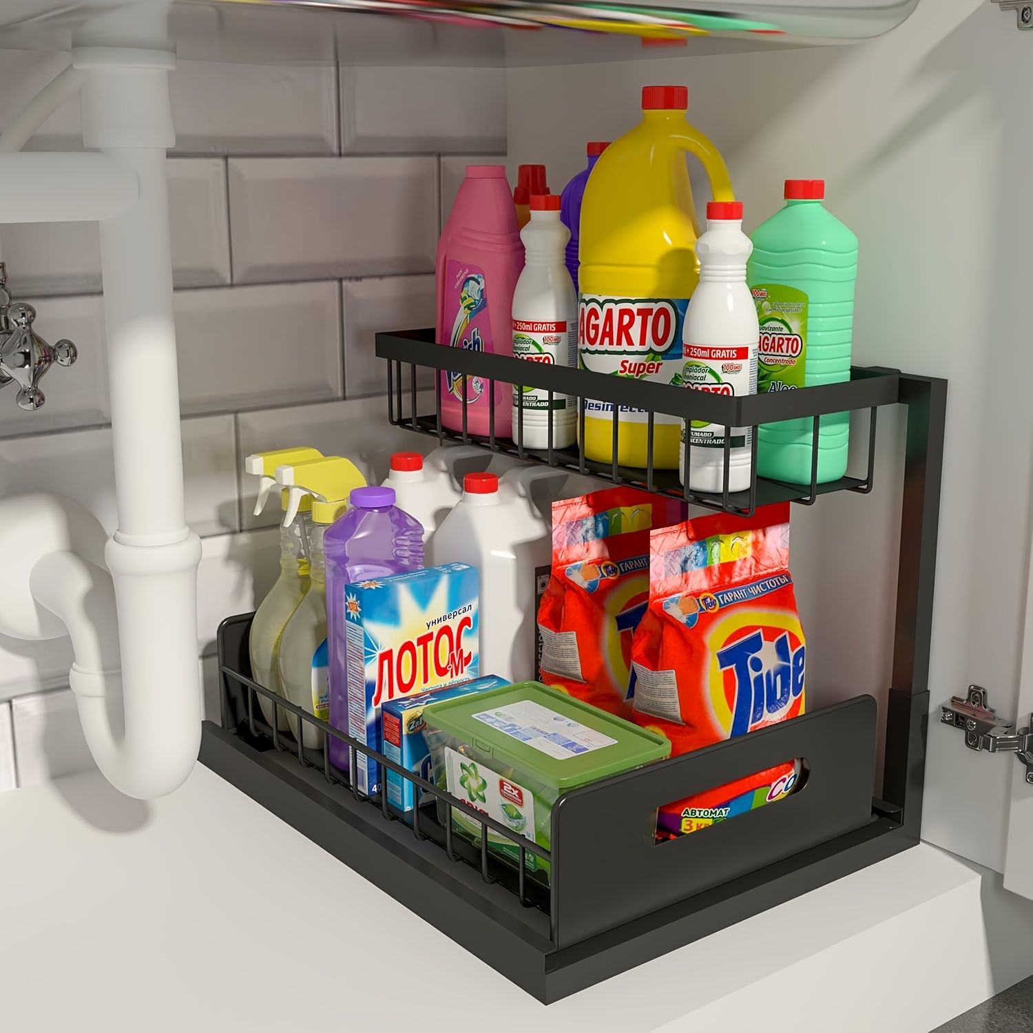 Kitchen sink storage box, pull-out cabinet storage box 2-layer sliding sink rack cabinet storage rack, kitchen bathroom cabinet sink drain storage pull-out frame