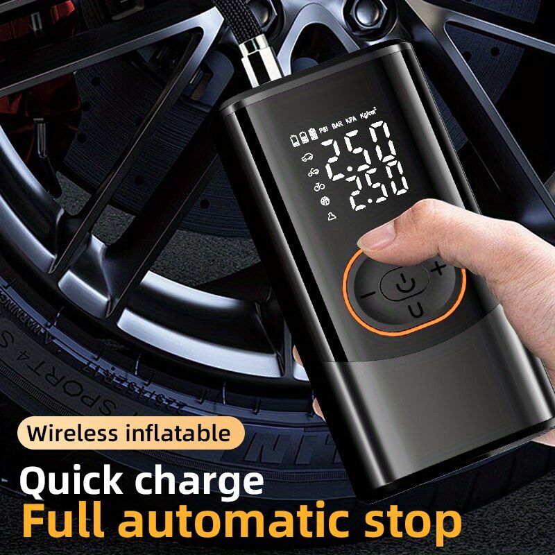 Portable air compressor for tires with digital pressure gauge, 150PSI rechargeable battery, LED light, wireless bicycle tire pump for cars, motorcycles, bicycles, etc., black