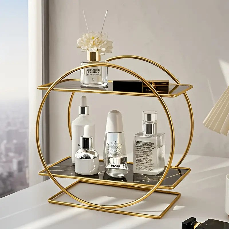 Elegant Golden Two-Tier Metal Cosmetic Organizer Stand - Luxury Countertop Makeup and Skincare Storage Shelf, Ideal for Bathroom Vanity, Home Decor, Dressing Table Accessories, and Perfume Storage