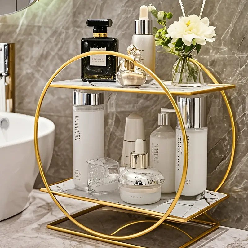 Elegant Golden Two-Tier Metal Cosmetic Organizer Stand - Luxury Countertop Makeup and Skincare Storage Shelf, Ideal for Bathroom Vanity, Home Decor, Dressing Table Accessories, and Perfume Storage