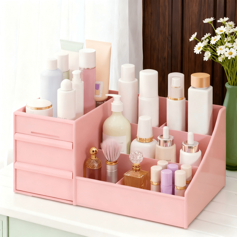 Pink Multi-Compartment Large-Capacity Desktop Storage Box Keeps vanity tables and desks neat and organized—lipsticks, masks, makeup brushes all stored in one box. Easy access, seamlessly fits into various settings.