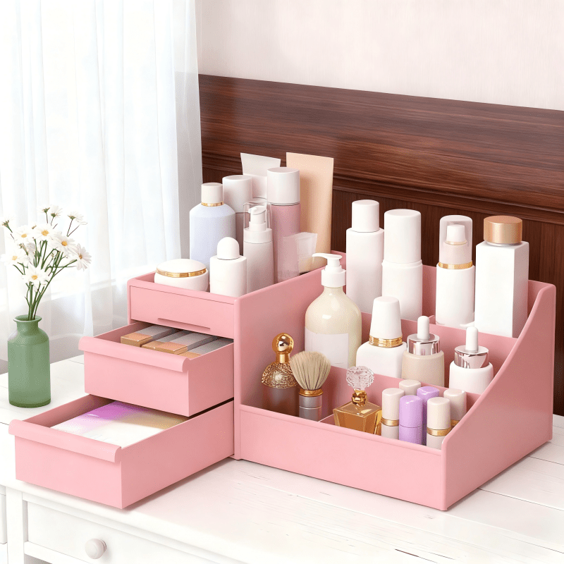 Pink Multi-Compartment Large-Capacity Desktop Storage Box Keeps vanity tables and desks neat and organized—lipsticks, masks, makeup brushes all stored in one box. Easy access, seamlessly fits into various settings.
