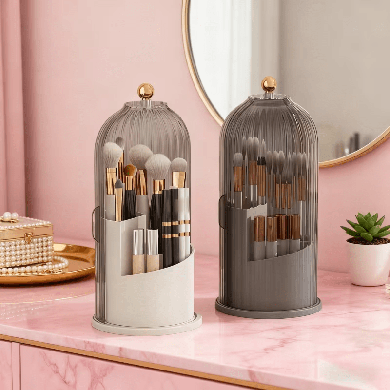 Transparent Rotating Makeup Brush Holder: 360° Rotation for Easy Access, Dust-Proof with Compartments, Neat and Portable(Transparent green）