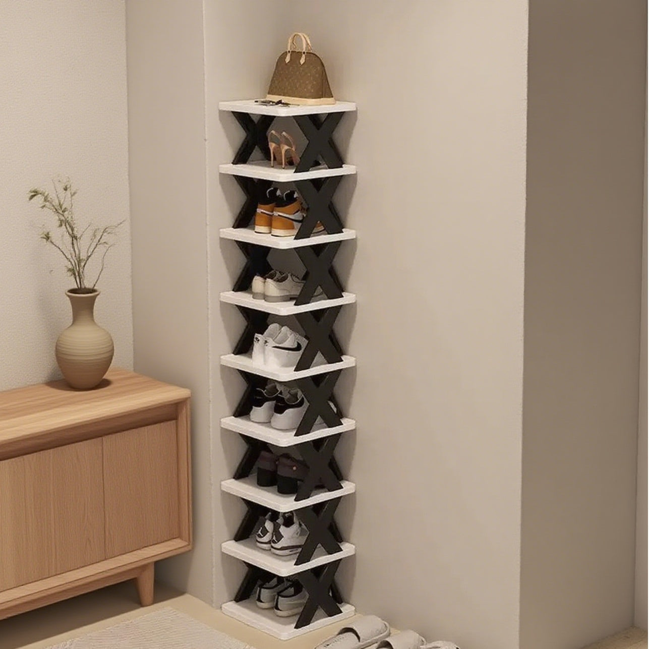 6-Tier Foldable White/BLACK Shoe Rack, space-saving vertical design for entry halls, living rooms, bedrooms, closets, balconies—an essential organizing storage shelf for college dormitories.