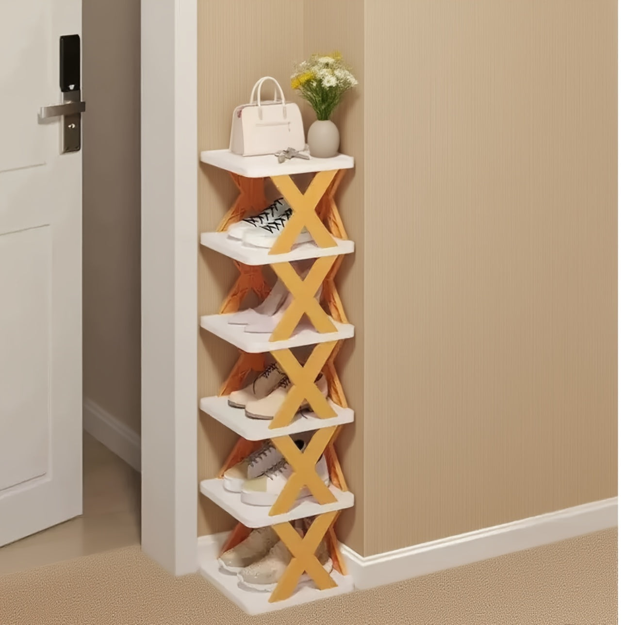 6-Tier Foldable White/BLACK Shoe Rack, space-saving vertical design for entry halls, living rooms, bedrooms, closets, balconies—an essential organizing storage shelf for college dormitories.