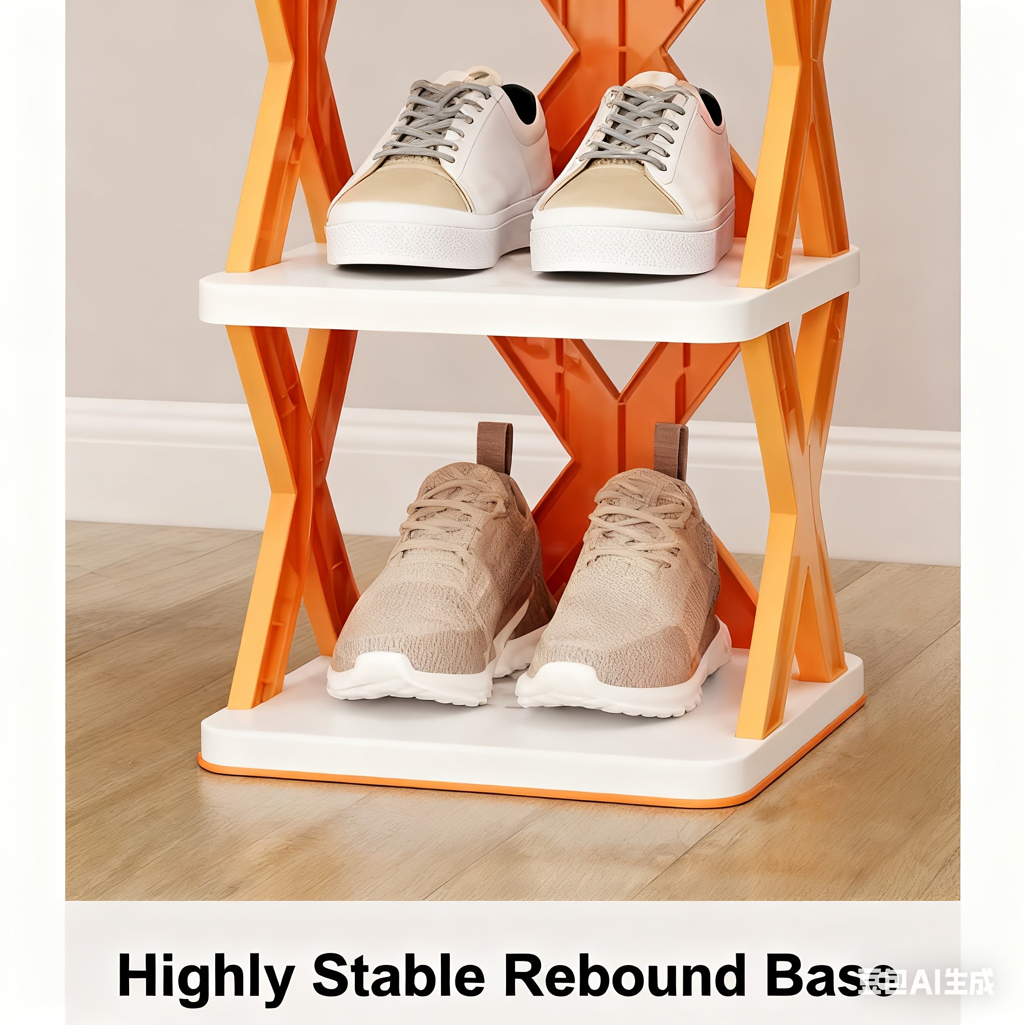 6-Tier Foldable White/Orange Shoe Rack, space-saving vertical design for entry halls, living rooms, bedrooms, closets, balconies—an essential organizing storage shelf for college dormitories.