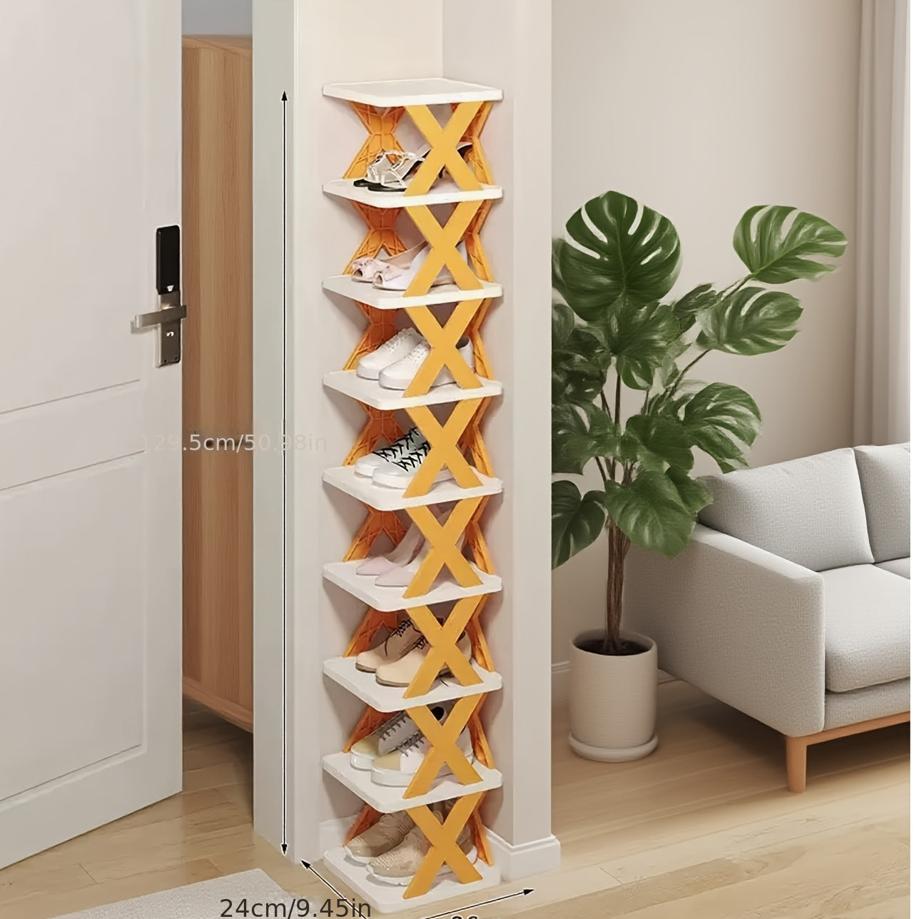 9-Tier Foldable White/Orange Shoe Rack, space-saving vertical design for entry halls, living rooms, bedrooms, closets, balconies—an essential organizing storage shelf for college dormitories.