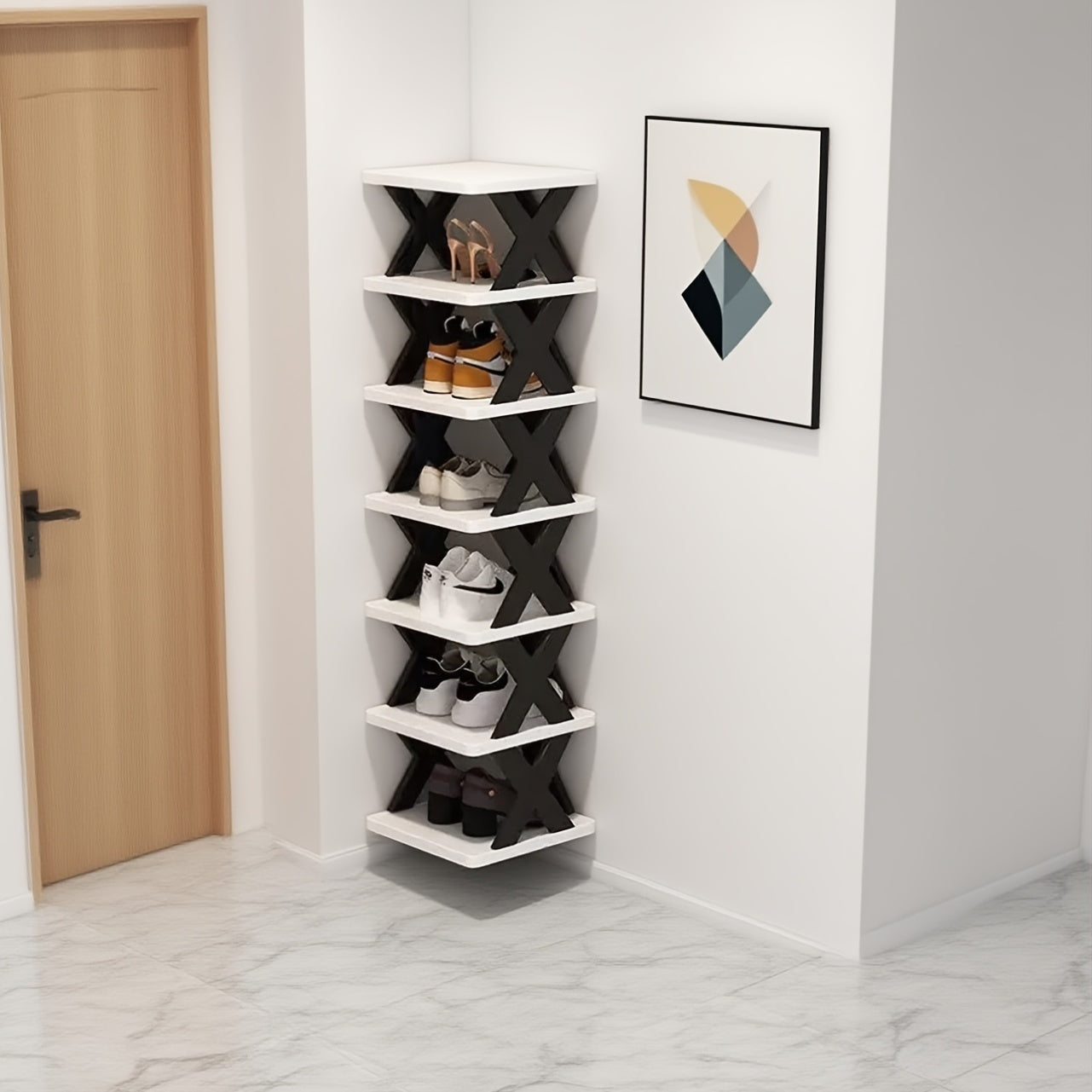 9-Tier Foldable White/Orange Shoe Rack, space-saving vertical design for entry halls, living rooms, bedrooms, closets, balconies—an essential organizing storage shelf for college dormitories.