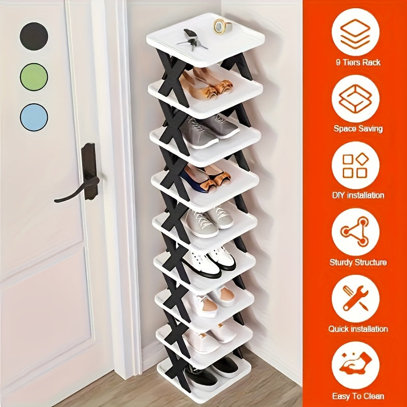 9-Tier Foldable White/Orange Shoe Rack, space-saving vertical design for entry halls, living rooms, bedrooms, closets, balconies—an essential organizing storage shelf for college dormitories.
