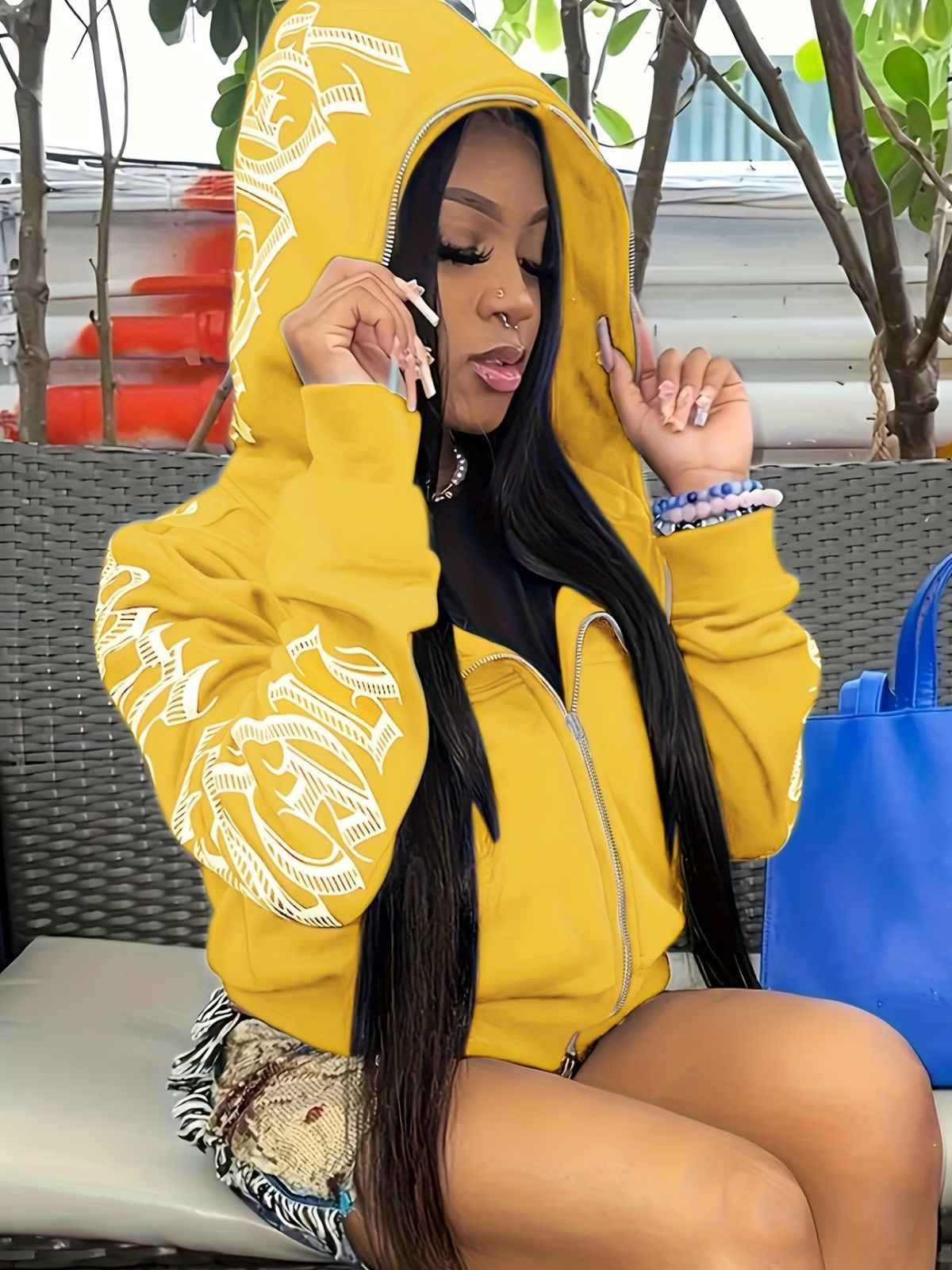 Y2k Hoodie Gothic Streetwear Women'S Zip-Up Jacket Letter Print Hoodie - Blue - Size XL(AU XL/EU52)