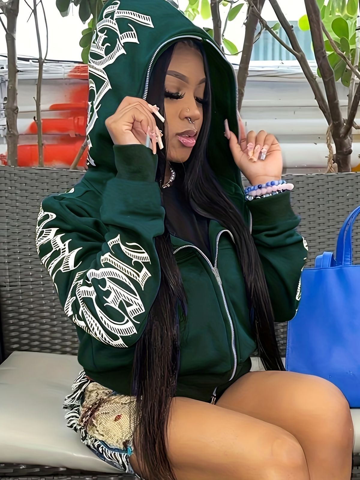 Y2k Hoodie Gothic Streetwear Women'S Zip-Up Jacket Letter Print Hoodie - Blue - Size M(AU M/EU48)