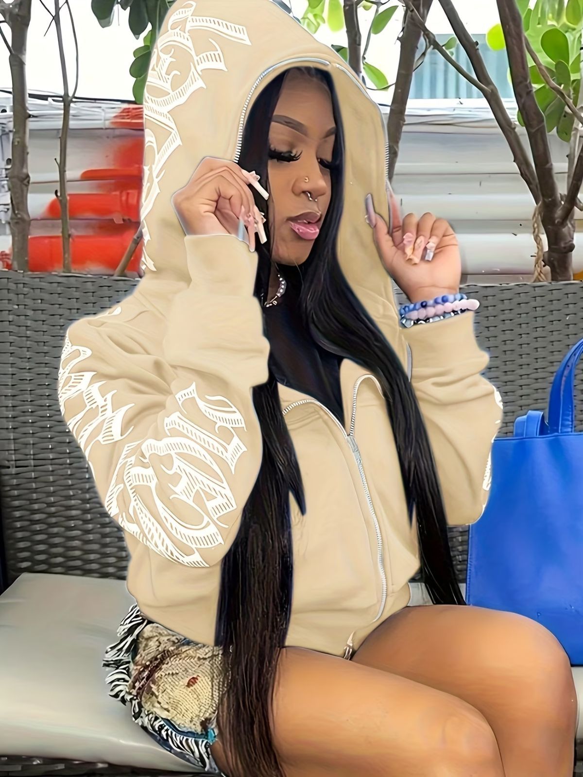 Y2k Hoodie Gothic Streetwear Women'S Zip-Up Jacket Letter Print Hoodie - Coffee - Size XL(AU XL/EU52)
