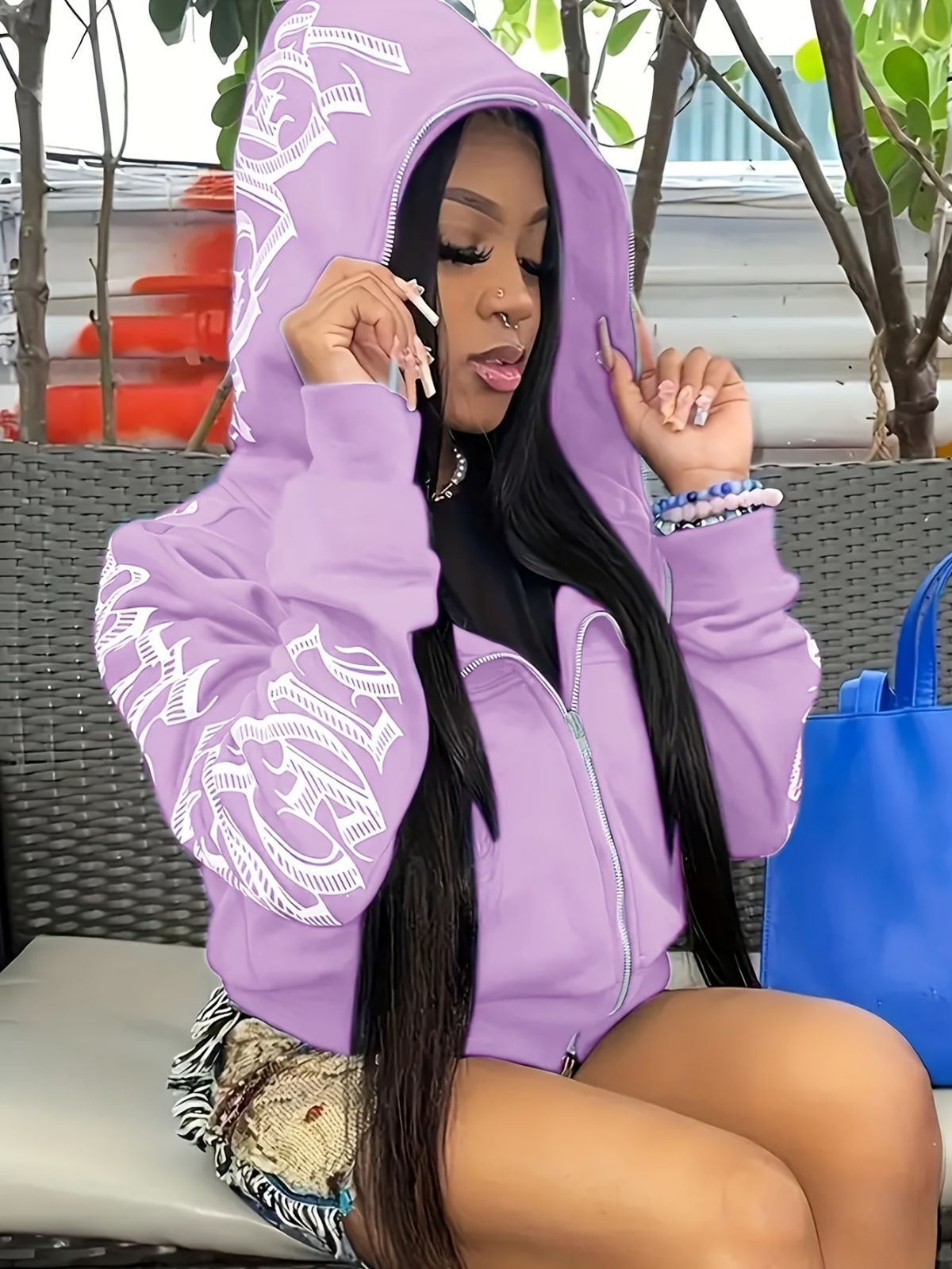 Y2k Hoodie Gothic Streetwear Women'S Zip-Up Jacket Letter Print Hoodie - Tangerine - Size L(AU L/EU50)