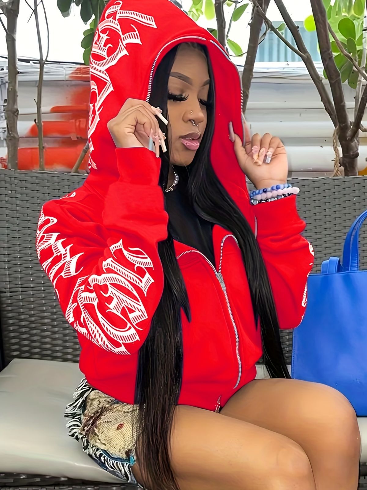 Y2k Hoodie Gothic Streetwear Women'S Zip-Up Jacket Letter Print Hoodie - Tangerine - Size XL(AU XL/EU52)