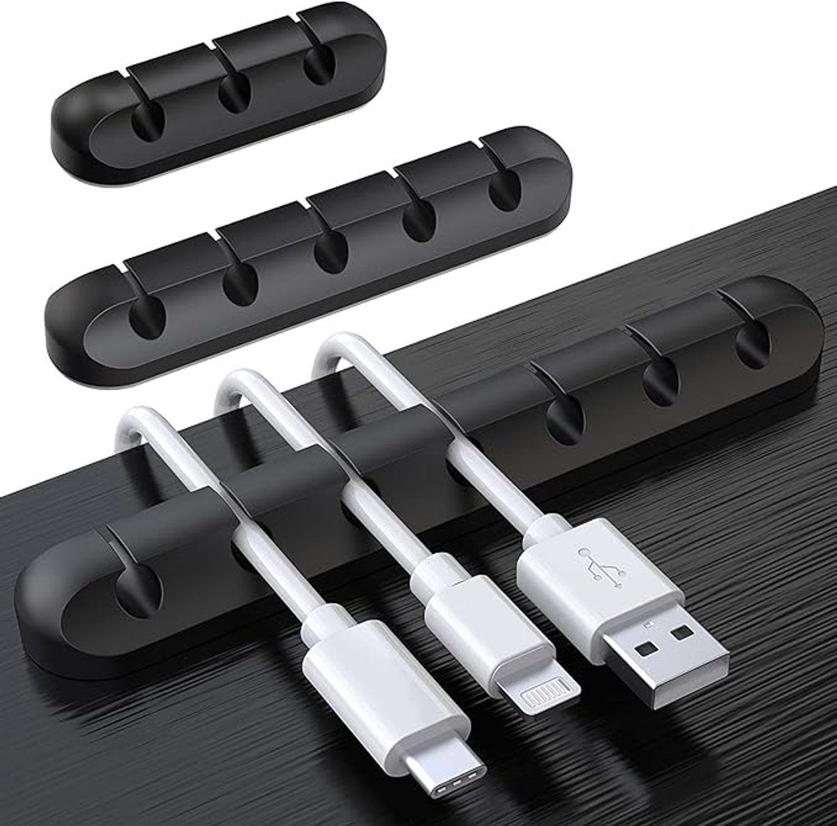 Black cable organizer - Cable net holder - Self-adhesive cable clip - Cable holder - USB cable fastening system - Cable holder - for USB charging cables, power cables, mouse cables, PC, office - 3-pack