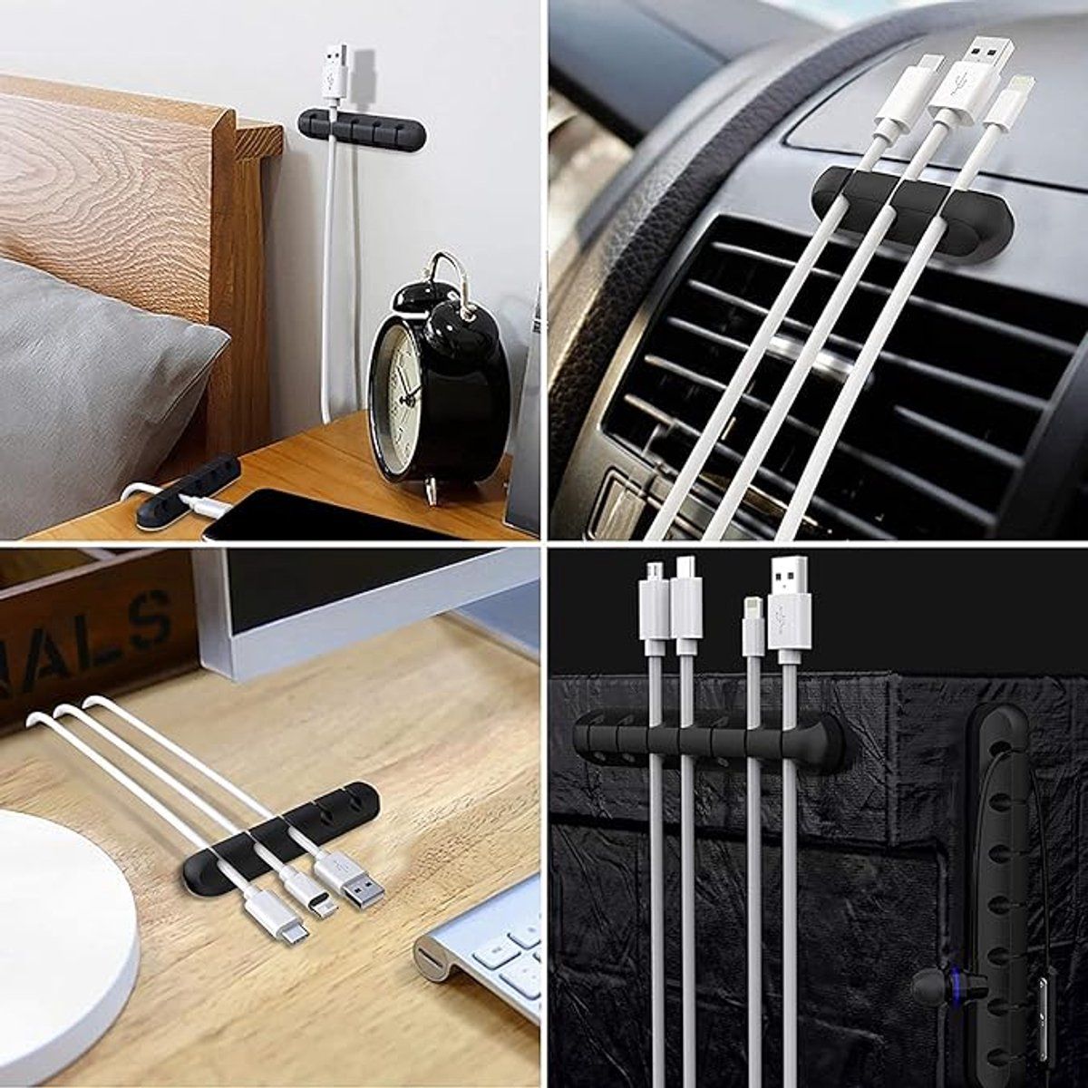 Black cable organizer - Cable net holder - Self-adhesive cable clip - Cable holder - USB cable fastening system - Cable holder - for USB charging cables, power cables, mouse cables, PC, office - 3-pack