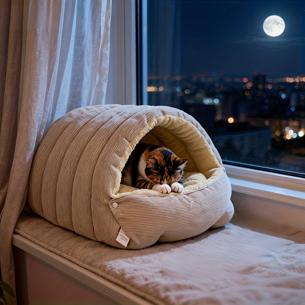 High-Elasticity Warm Cat Bed: 57×37×28cm Wrapped Design, Striped Fleece + Arctic Fleece Heat Retention, Removable & Washable（light purple）