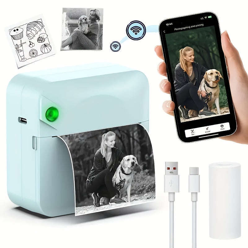 (Black）Inkless Sticker Printer Mini Thermal Printer with Roll Thermal Paper, Wireless Pocket Printer, Smart Portable Receipt Printer for Photos, Diaries, Notes, and Preparation Work.