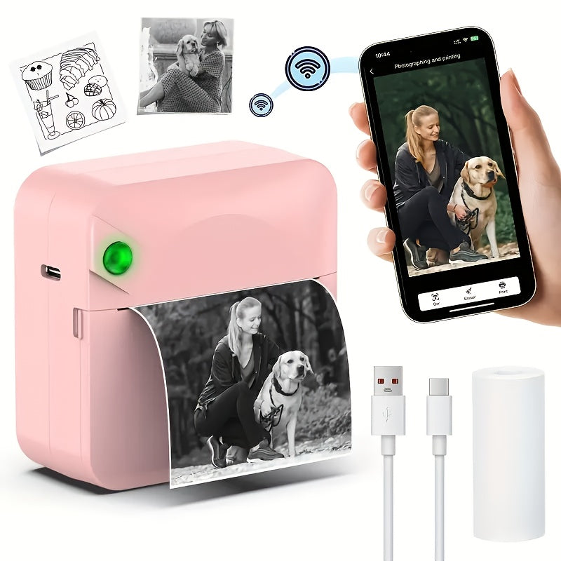 (Black）Inkless Sticker Printer Mini Thermal Printer with Roll Thermal Paper, Wireless Pocket Printer, Smart Portable Receipt Printer for Photos, Diaries, Notes, and Preparation Work.
