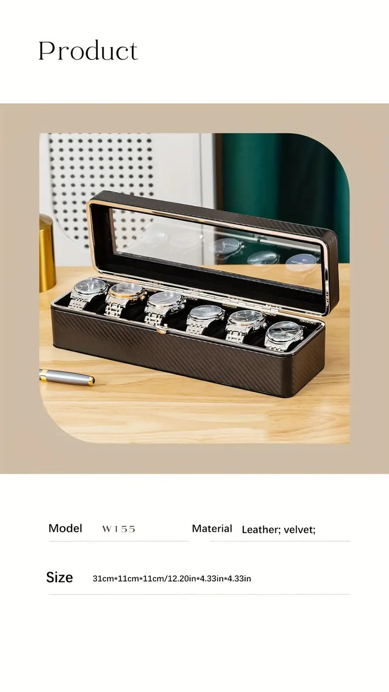 Luxury transparent-lid watch box with 6 fabric-lined compartments, portable and shockproof design, suitable for both men and women. Ideal for home, travel, or gifting—a refined storage solution for fine watches and jewelry. (White)