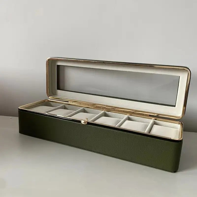 Luxury transparent-lid watch box with 6 fabric-lined compartments, portable and shockproof design, suitable for both men and women. Ideal for home, travel, or gifting—a refined storage solution for fine watches and jewelry. (White)