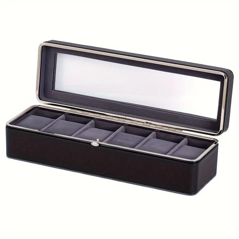 Luxury transparent-lid watch box with 6 fabric-lined compartments, portable and shockproof design, suitable for both men and women. Ideal for home, travel, or gifting—a refined storage solution for fine watches and jewelry. (Black)