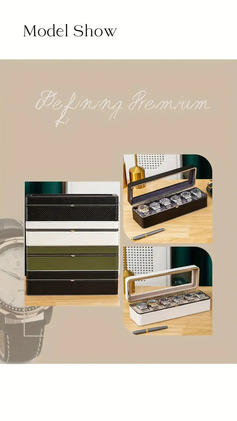 Luxury transparent-lid watch box with 6 fabric-lined compartments, portable and shockproof design, suitable for both men and women. Ideal for home, travel, or gifting—a refined storage solution for fine watches and jewelry. (Green)