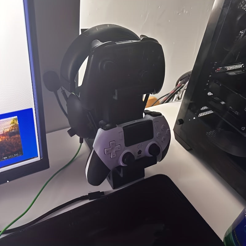 WHITE 3-in-1 PS5 and Xbox Controller Stand – Compatible with PlayStation 5/Xbox Consoles. A gaming desktop organizer with a headphone hanger, non-charging base that holds 2 controllers and headphones. Space-saving white/black console accessory.