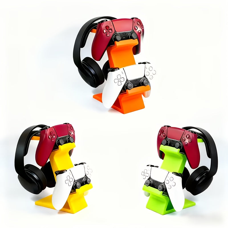 ORANGE 3-in-1 PS5 and Xbox Controller Stand – Compatible with PlayStation 5/Xbox Consoles. A gaming desktop organizer with a headphone hanger, non-charging base that holds 2 controllers and headphones. Space-saving white/black console accessory.