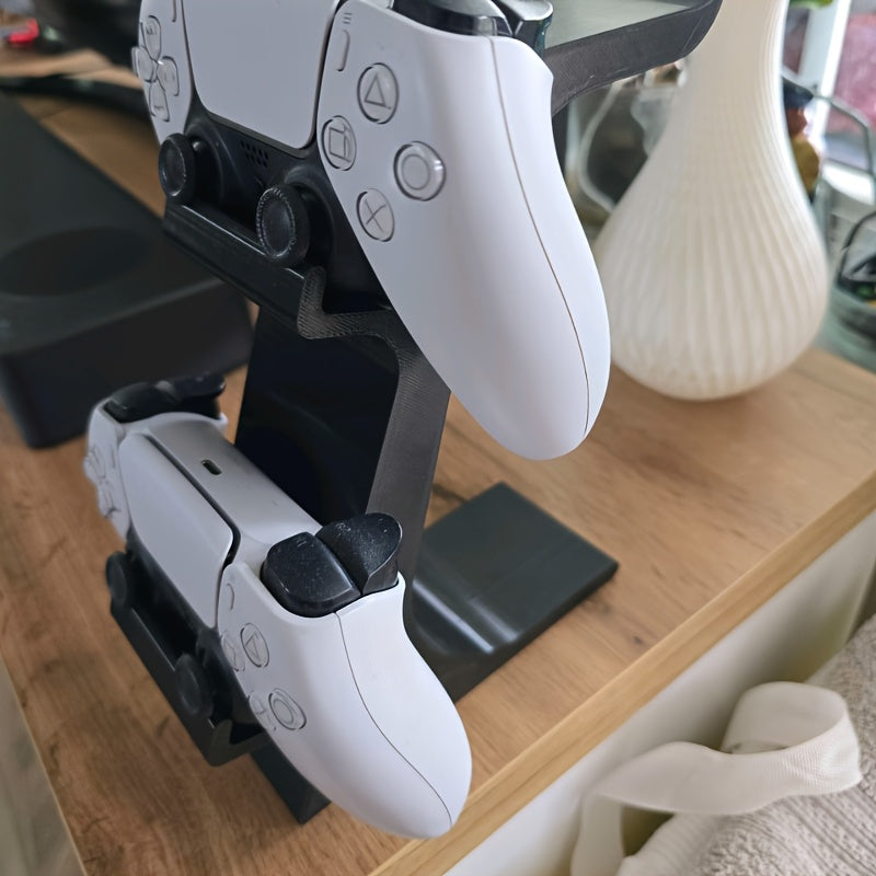ORANGE 3-in-1 PS5 and Xbox Controller Stand – Compatible with PlayStation 5/Xbox Consoles. A gaming desktop organizer with a headphone hanger, non-charging base that holds 2 controllers and headphones. Space-saving white/black console accessory.
