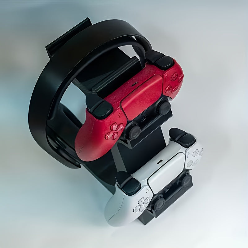 ORANGE 3-in-1 PS5 and Xbox Controller Stand – Compatible with PlayStation 5/Xbox Consoles. A gaming desktop organizer with a headphone hanger, non-charging base that holds 2 controllers and headphones. Space-saving white/black console accessory.