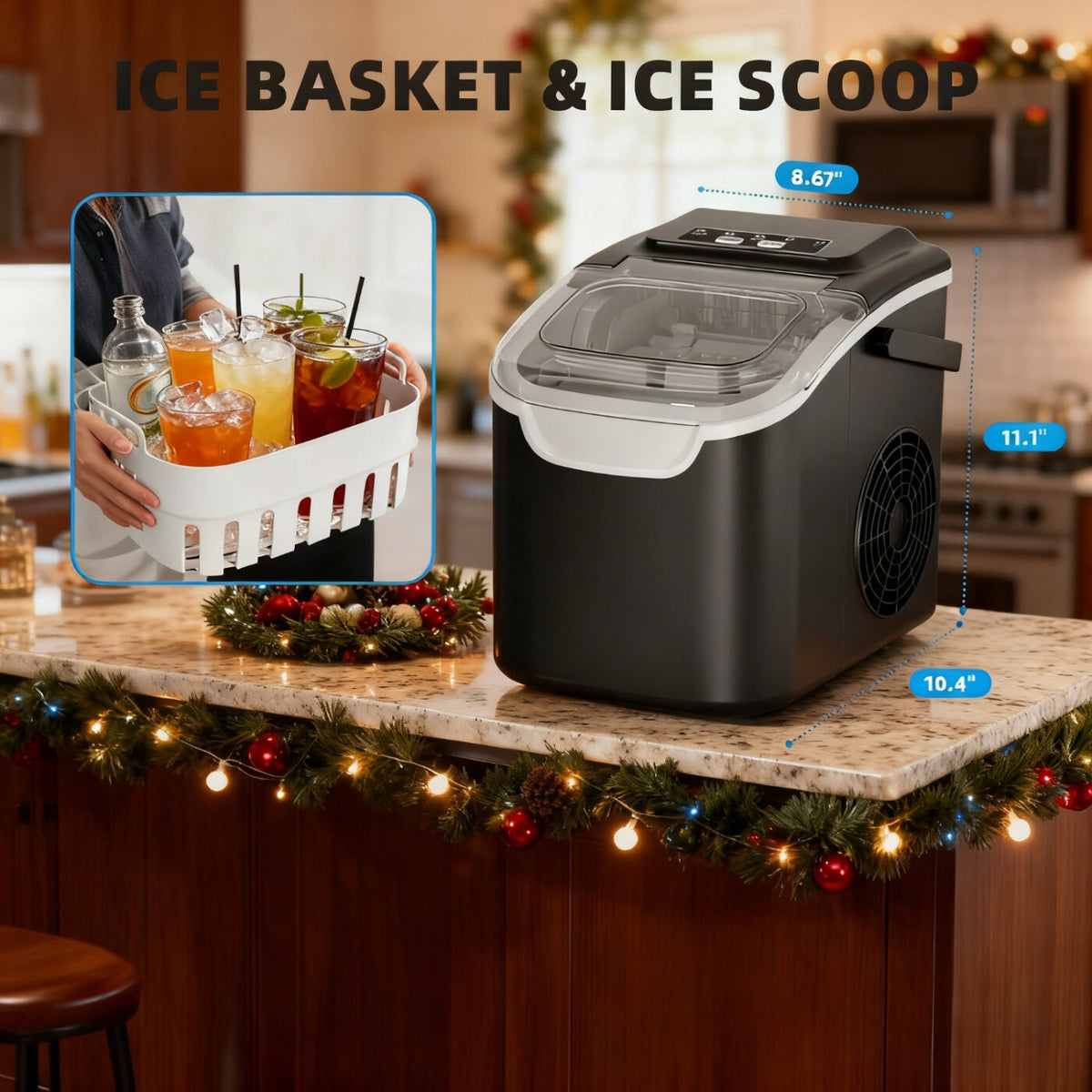 WHITE Desktop Ice Maker, Produces Ice in 6 Minutes with a Capacity of 26 Pounds, Energy-Saving 30% and Operating Noise Below 40 Decibels, Portable Ice Maker with Built-in Ice Basket, Suitable for Home and Camping.