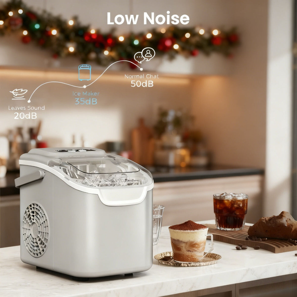 WHITE Desktop Ice Maker, Produces Ice in 6 Minutes with a Capacity of 26 Pounds, Energy-Saving 30% and Operating Noise Below 40 Decibels, Portable Ice Maker with Built-in Ice Basket, Suitable for Home and Camping.