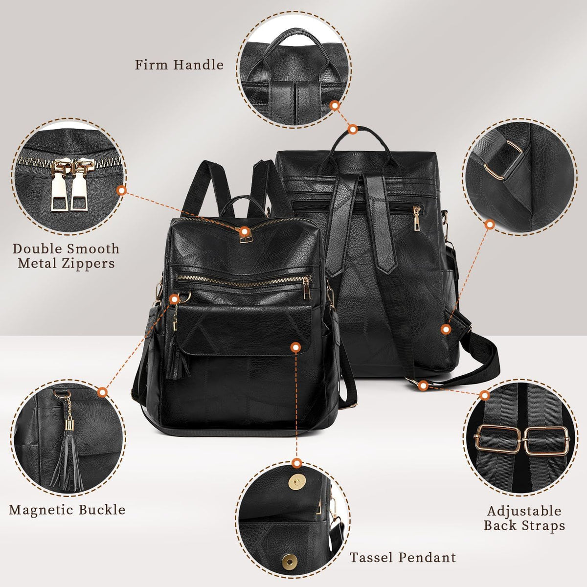 Black Backpack Purse for Women Fashion Multipurpose Design Convertible Satchel Handbags Shoulder Bag Travel bag