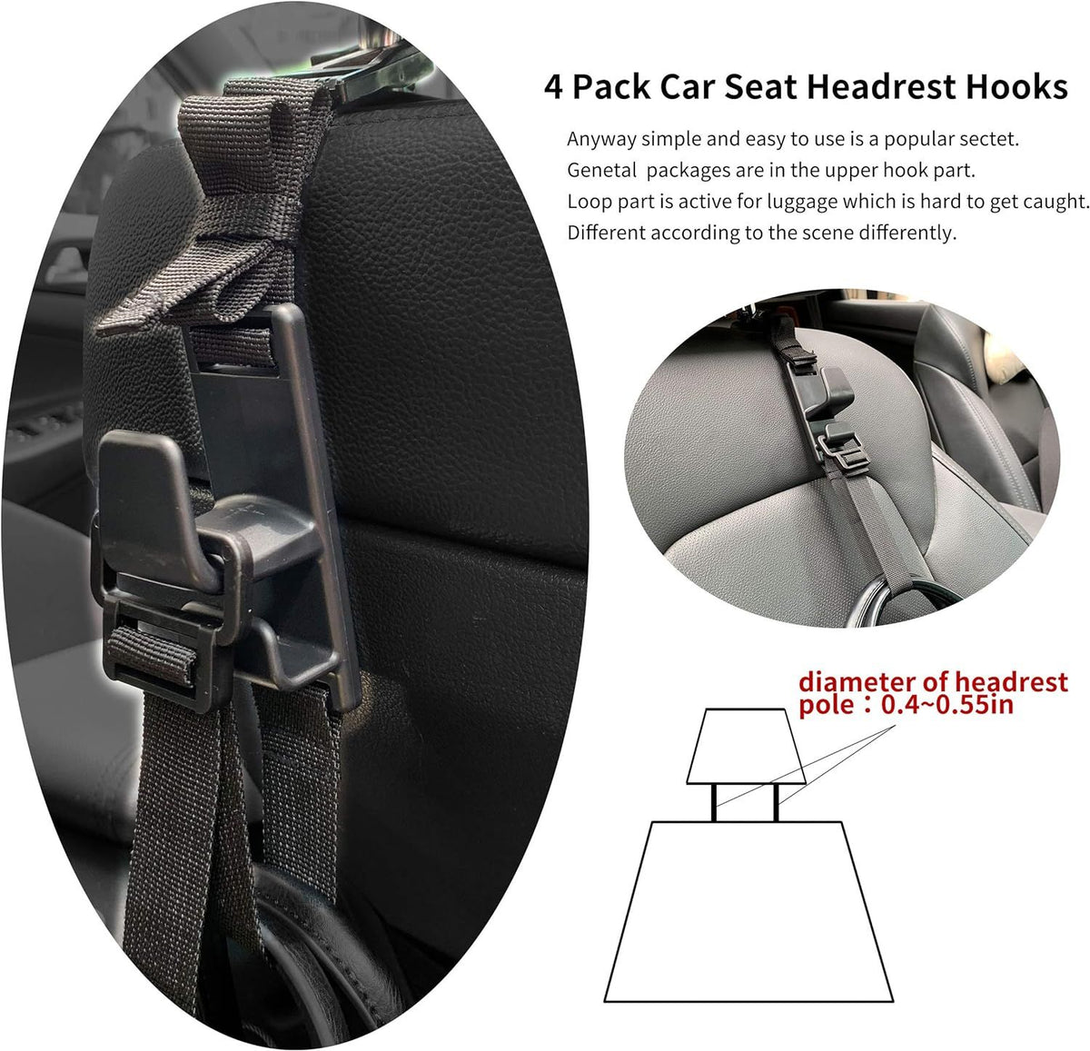 2-Pack Headrest Hooks for Car Universal Interior Auto Vehicle Back Front Seat Hanger Holder Organizer for Handbags Purses Coats