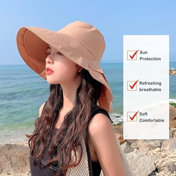 khaki Women's Sun Hat UV Protection Wide Brim Ponytail Adjustable Beach Visor Fishing Hat with Neck Flap