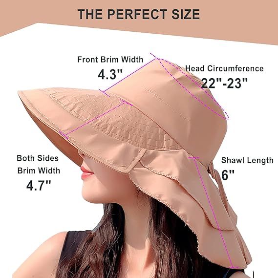 khaki Women's Sun Hat UV Protection Wide Brim Ponytail Adjustable Beach Visor Fishing Hat with Neck Flap