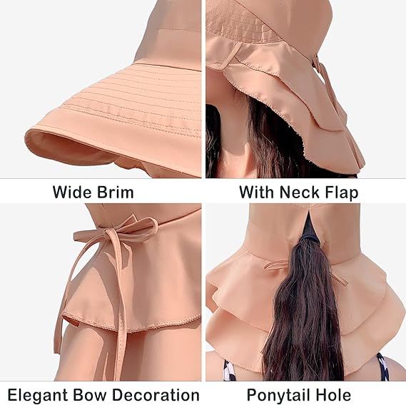 khaki Women's Sun Hat UV Protection Wide Brim Ponytail Adjustable Beach Visor Fishing Hat with Neck Flap