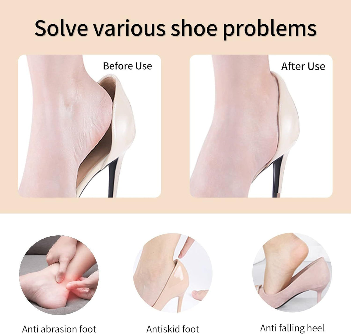 Heel Pads for Shoes That are Too Big Heel Inserts for Heel Grips Liner Cushions Inserts for Women Men, (4Pairs) Beige+Black