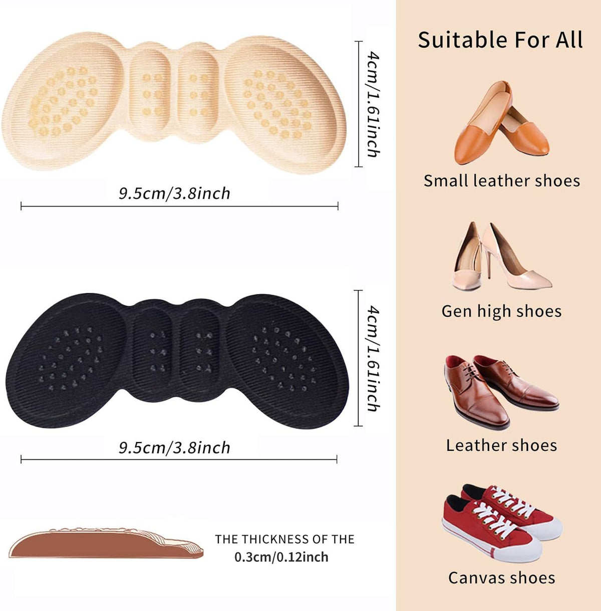 Heel Pads for Shoes That are Too Big Heel Inserts for Heel Grips Liner Cushions Inserts for Women Men, (4Pairs) Beige+Black