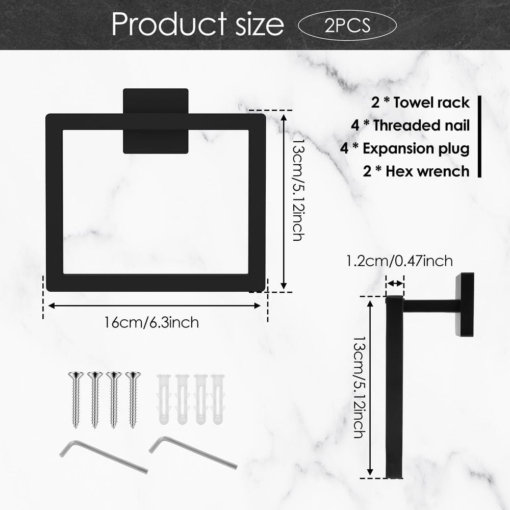 2-Piece Square Hand Towel Holder, Thicken Stainless Steel Towel Hangers, Matte Black Towel Ring, Wall-Mounted Hand Towel Bar Racks for Bathroom