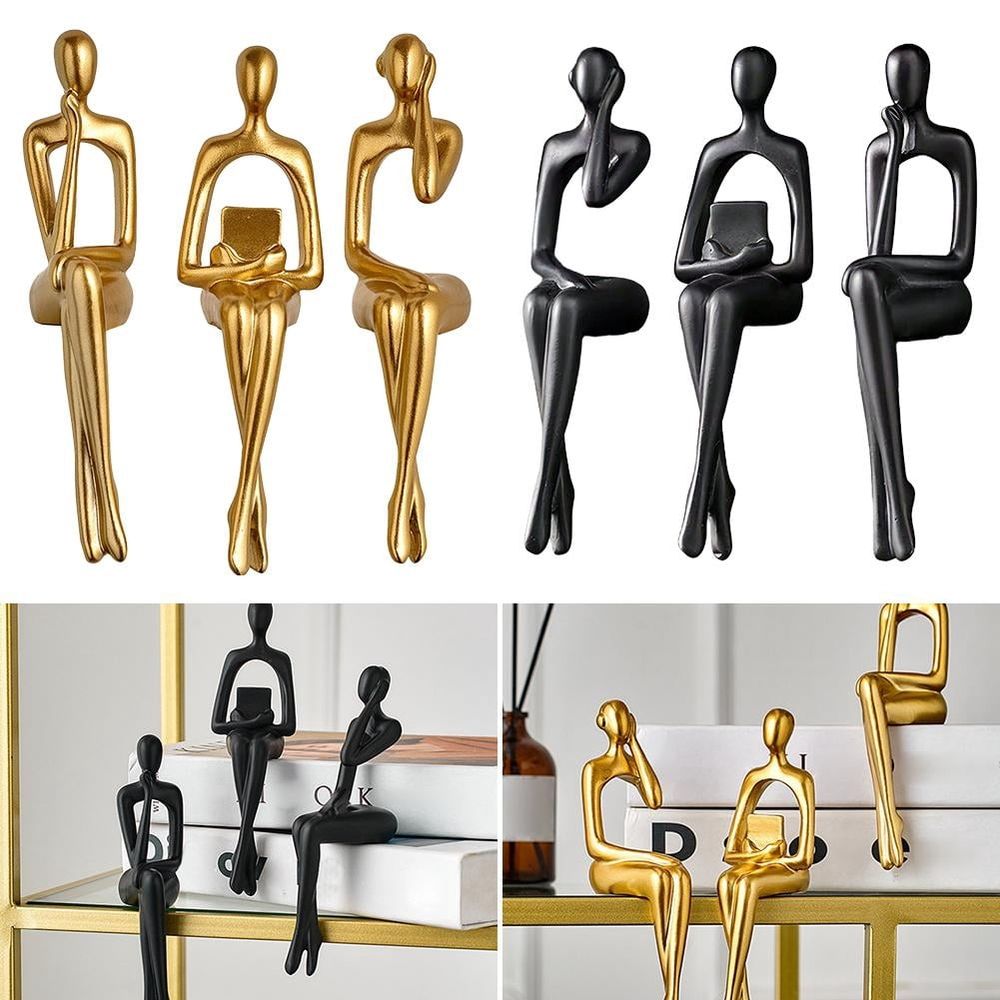 3PCS Gold Thinker Statue Book Shelf Decor, Minimalist Modern Decor Collectable Abstract Ornament Offi Statue Figurines